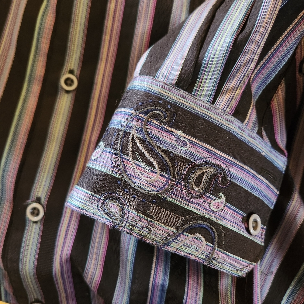 Robert Graham Shirt Mens Size 2XL Long Sleeve Black Purple Stripe Paisley Cuffs - Picture 3 of 11
